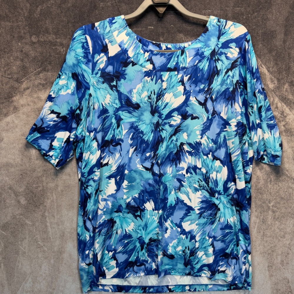 BonWorth Top Women's L Blue Floral Abstract Short Sleeve Casual Summer